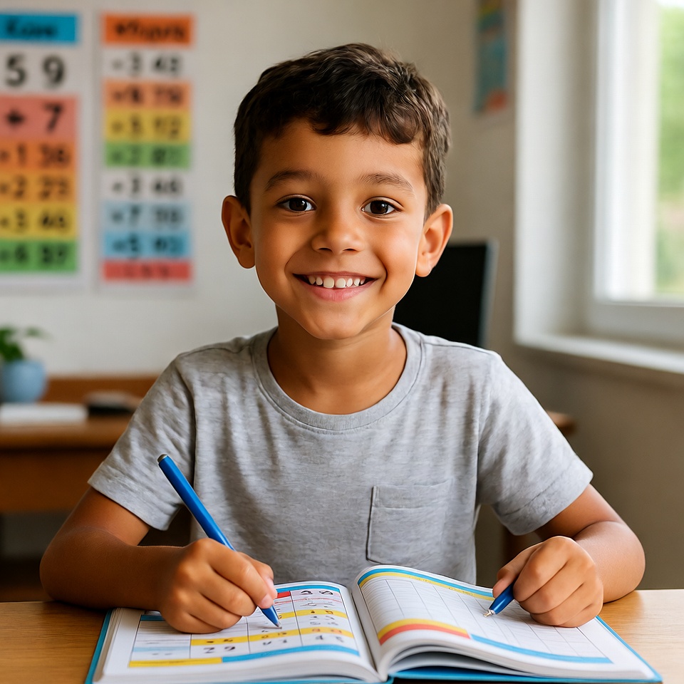 Criança sorrindo enquanto estuda tabuada em caderno colorido, com cartazes de multiplicação ao fundo